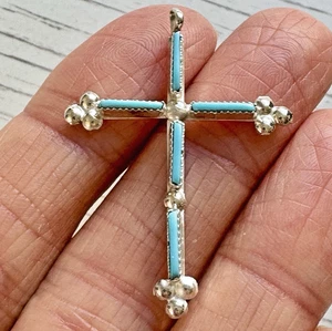 Zuni Türkis Nadelspitze Kreuz Anhänger 1,5 Zoll Sterlingsilber religiöse Ureinwohner - Bild 1 von 5