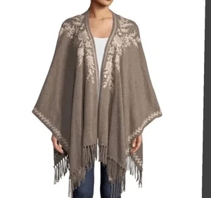 Johnny Was Lennon beige & grau Blumen bestickt Kaschmir Fransen Cape Schal Swe - Bild 1 von 1