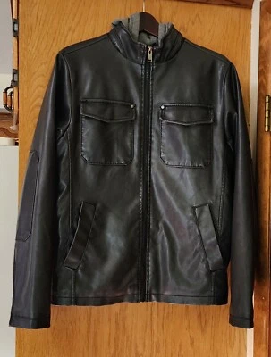 STRUCTURE Men's Faux Leather Motorcycle Jacket w/hood Casual Size Medium C1 - Image 1 of 4