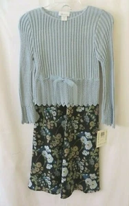 Bonnie Jean Blk Floral Maxi Skirt & Blue L/S Sweater Set Size 7 8 or 12 #10999 - Picture 1 of 5