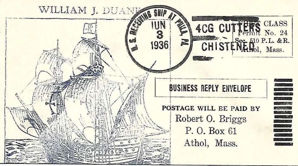 FOUR USCG Cutters Christened June 3 1936 Cacheted Cover on Business Reply - Image 1 of 1