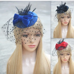 Womens Mini Pillbox hat Fascinator Bow Hair Accessories Veils Wedding Hat A319 - Foto 1 di 23