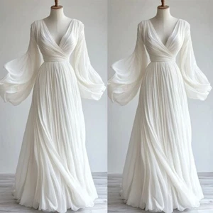 Vintage Chiffon Wedding Dresses Long Sleeves Medieval Full Length Bridal Gowns - Picture 1 of 12