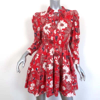 Mini Vestido Ulla Johnson Rojo Liv Estampado Floral Talla 0 Manga Larga Borla Corbata Foto 1 de 4