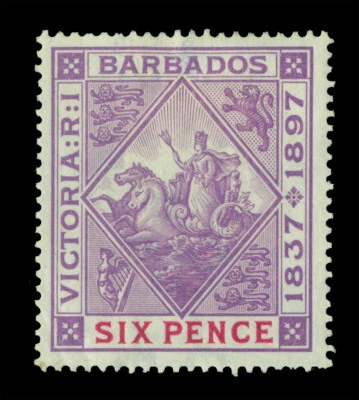 Colonias Británicas BARBADOS 1897 Victoria Jubilee Edición 6p violeta Sc# 86 como nuevo MH Foto 1 de 2