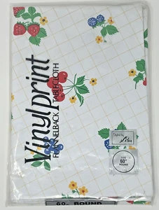 Flannel Back Vinyl Tablecloth 60 Inch Round Elrene Yellow Lattice Fruit Design - Picture 1 of 5