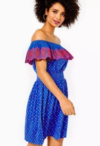 New Lilly Pulitzer Kalama Off The Shoulder Blue Mini Dress NWT - Picture 1 of 9
