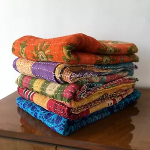 Lot 5 Pcs Single Vintage Quilt Bed Runner Kantha Vintage Bedspread Cotton - Picture 1 of 4