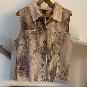 Vtg Carol Little Womens Faux Suede Vest Jacket Large Leopard Penny Lane Boho 90s - Picture 1 of 8