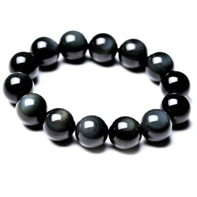 Pulsera de obsidiana arco iris natural de 12 mm con cuentas de piedra redonda piedras preciosas curativas para hombres Foto 1 de 4