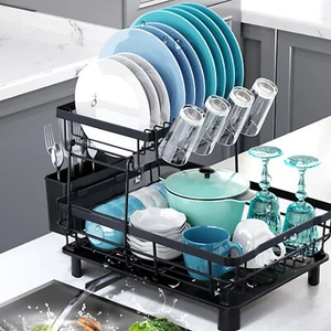 Dish Drying Rack with Drainboard Set Carbon Steel 2 Tier Cup Rack Utensil Holder - Picture 1 of 13