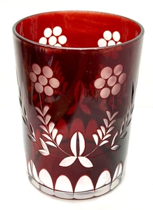 VINTAGE RUBY RED GLASS 4 inch Bedside Tumbler with Etched Flowers/Leaves Barware - Picture 1 of 8
