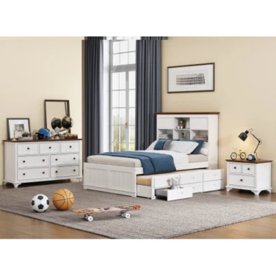 Solid Wood Bedroom Sets Captain Bed with Trundle & 3 Drawers Bookcase Headboard - Image 1 of 4