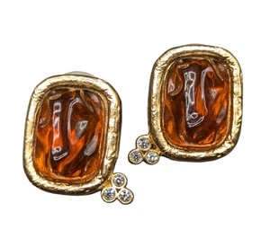 Vtg GIVENCHY Amber Topaz Lucite Or Resin Rhinestone Gold Tone Pierced Earrings - Imagen 1 de 16