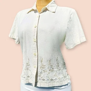 VTG 90s Erika & Co Seersucker Cotton Top Sz M Cream Button Up Embroidered Floral - Picture 1 of 10