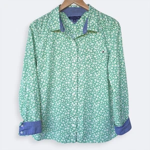 Tommy Hilfiger Floral Print Button Up Top Shirt Womens M Green Boho Retro Flower - Picture 1 of 13