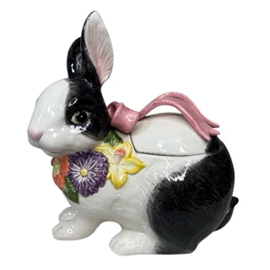 Tarro de galletas Fitz & Floyd 1994 blanco y negro con lazo rosa detalles florales 9" - Imagen 1 de 9