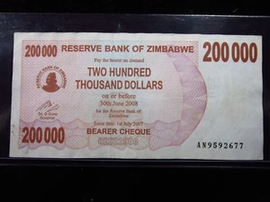 Zimbabwe 200,000 Dollars 2008 Bearer Cheque Reserve Bank Currency Money h2677 - Picture 1 of 2