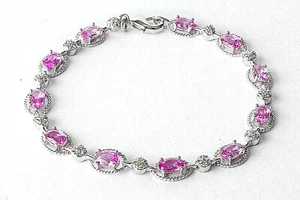 CREATED PINK SAPPHIRE ROPE DESIGN BRACELET, SILVER PLATED OVER BRASS, 7.25" LONG - Picture 1 of 2