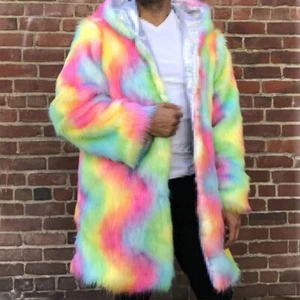 Long Rainbow Faux Fur Coat Unisex Multicolor Thick Rave Party Festival Jacket - Bild 1 von 7