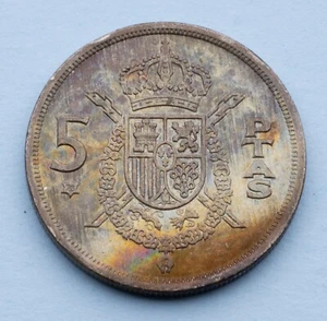 1975 Rainbow TONED Spain 5 Pesetas KM# 807 - Picture 1 of 2