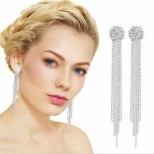 Damen lange silberne Kristall Quaste Ohrringe Tropfen hängende Ohrstecker Mode Schmuck - Bild 1 von 11