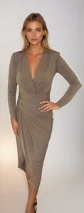 JOHN ZACK PLUNGE V FRONT CAMEL COLOUR WRAP OVER MIDI DRESS - Picture 1 of 4