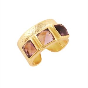 Purple Amethyst Quartz Chekar Cut Gold Plated Collet Statement Adjustable Ring