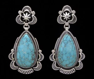 High Grade Natural #8 Turquoise Earrings By Navajo Artist Julius Burbank - Picture 1 of 2