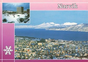 Narvik Norway Aerial View in Winter Snow Capped Mountains Vintage Postcard - Picture 1 of 2