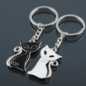 2x Portachiavi Coppia Gatto Bianco Nero Doppio Regalo Fidanzati Innamorati amore - Imagen 1 de 2