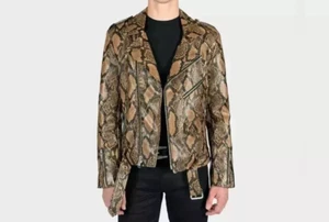 Chaqueta de cuero marrón exótica serpiente pitón textura motociclista para hombre - Imagen 1 de 4