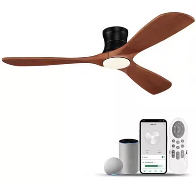 REDIAMS 52 in.Wood Smart Outdoor Indoor Black Flush Mount Ceiling Fans w/ligh-C5 - Image 1 of 4