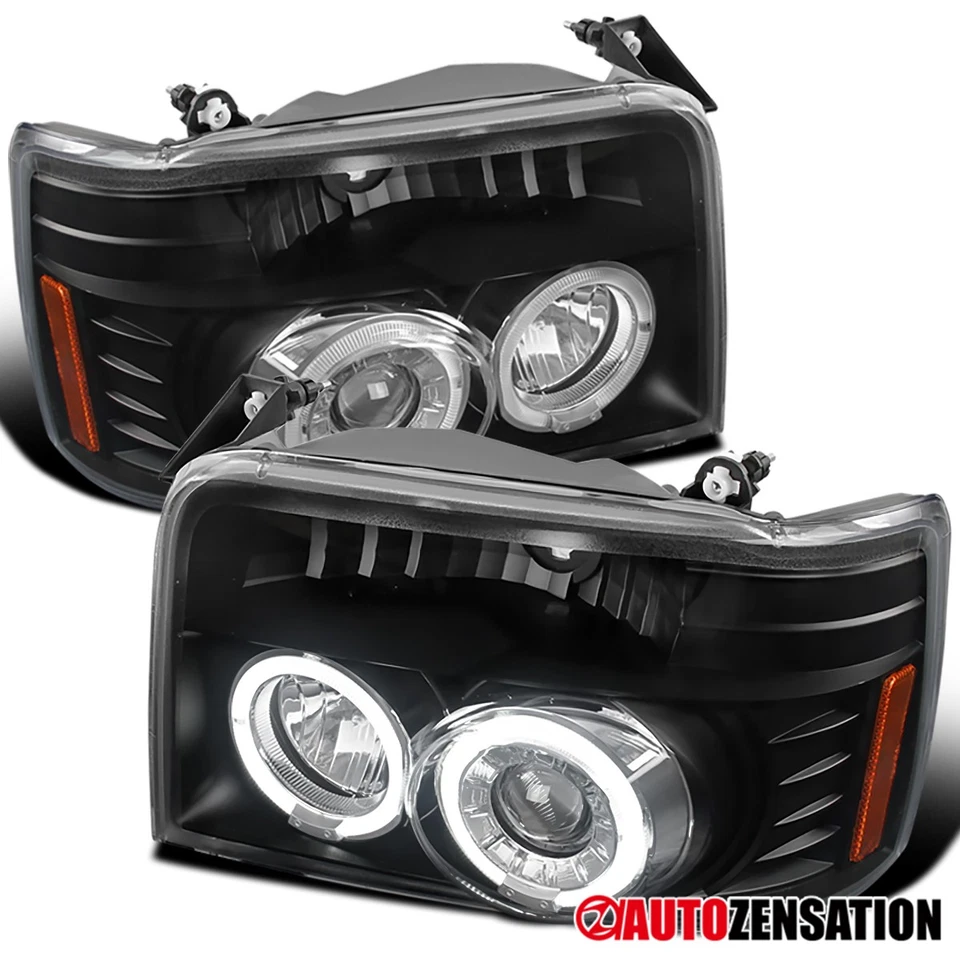 Fit Ford 1992-1996 F150 F250 F350 Bronco LED Halo Projector Headlights Black Foto 1 de 4