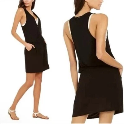 Vestido túnica de corredor Calvin Klein Surplice espalda negro talla S/M nuevo con etiquetas Foto 1 de 4