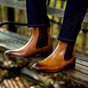 Handmade Mens Burnished Tan Chelsea Ankle Dress Boots,Real Leather Office Boots 