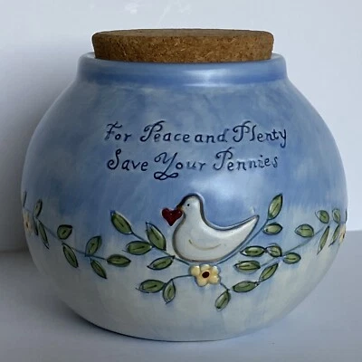 Bank RUSS Crock Stoneware For Peace and Plenty Save Your Pennies Vintage Cork - Image 1 of 4