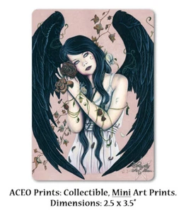 Gothic Fantasy Kunst ACEO DRUCK Engel welkt Verfall schwarze Flügel Blumen wc - Bild 1 von 3