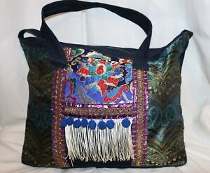 Denim Messenger Bag Ethnic Embroidery Travel Carry On Weekender Lg Tote Fringes