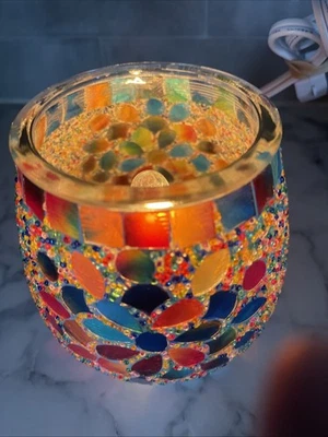 Floral Lamp Night Light Mosaic Flowers Handcrafted Glass Electric Beaded - Image 1 of 4