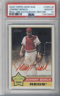 Tinta roja Topps Heritage Real One 2025/76 Johnny Bench automático PSA 10 SP HOFer Foto 1 de 2