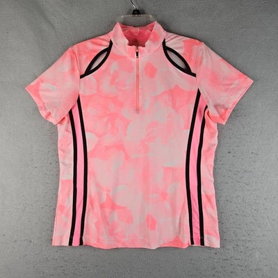 Camisa feminina cauda etiqueta branca pequena rosa floral pescoço simulado zíper ventilado bicicleta de golfe - Imagem 1 de 4