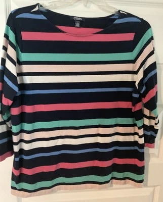Chaps Tunic Top Women Size 2X Navy/Pink/Green/White Striped 3/4 Sleeve - Image 1 of 4