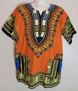Camisa de Bolsillo Tribal Dashiki Hombres Manga Corta Naranja Patrón Multicolor Talla XL - Imagen 1 de 6