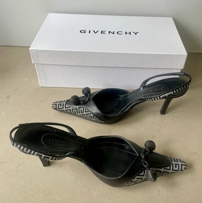Tacones Givenchy para mujer 36 hechos en Italia negro/blanco logotipo tela cuero Foto 1 de 4