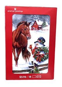 American Greetings Christmas Cards Box 18 Count Horse Snowman Barn Winter Scene - Picture 1 of 5