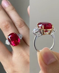 Cushion Cut 7.00 Ct Natural Ruby Diamond Engagement Ring 14K White Gold 6.5 7 - Picture 1 of 7