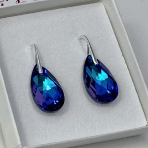 925 Sterling Silver Earring Pear Jewellery Purple Made With Austrian Crystals - Picture 1 of 8