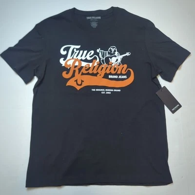 New True Religion Men's T-shirt Size L Black Happy Buddha Spell Out Logo Orange - Image 1 of 4