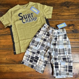 NWT Gymboree Boys Size 5 Surf Champ Short Sleeve Top & Plaid Shorts Outfit - Picture 1 of 6